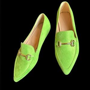 Green Pointy Toe Suede Loafers with Gold Horsebit Accent